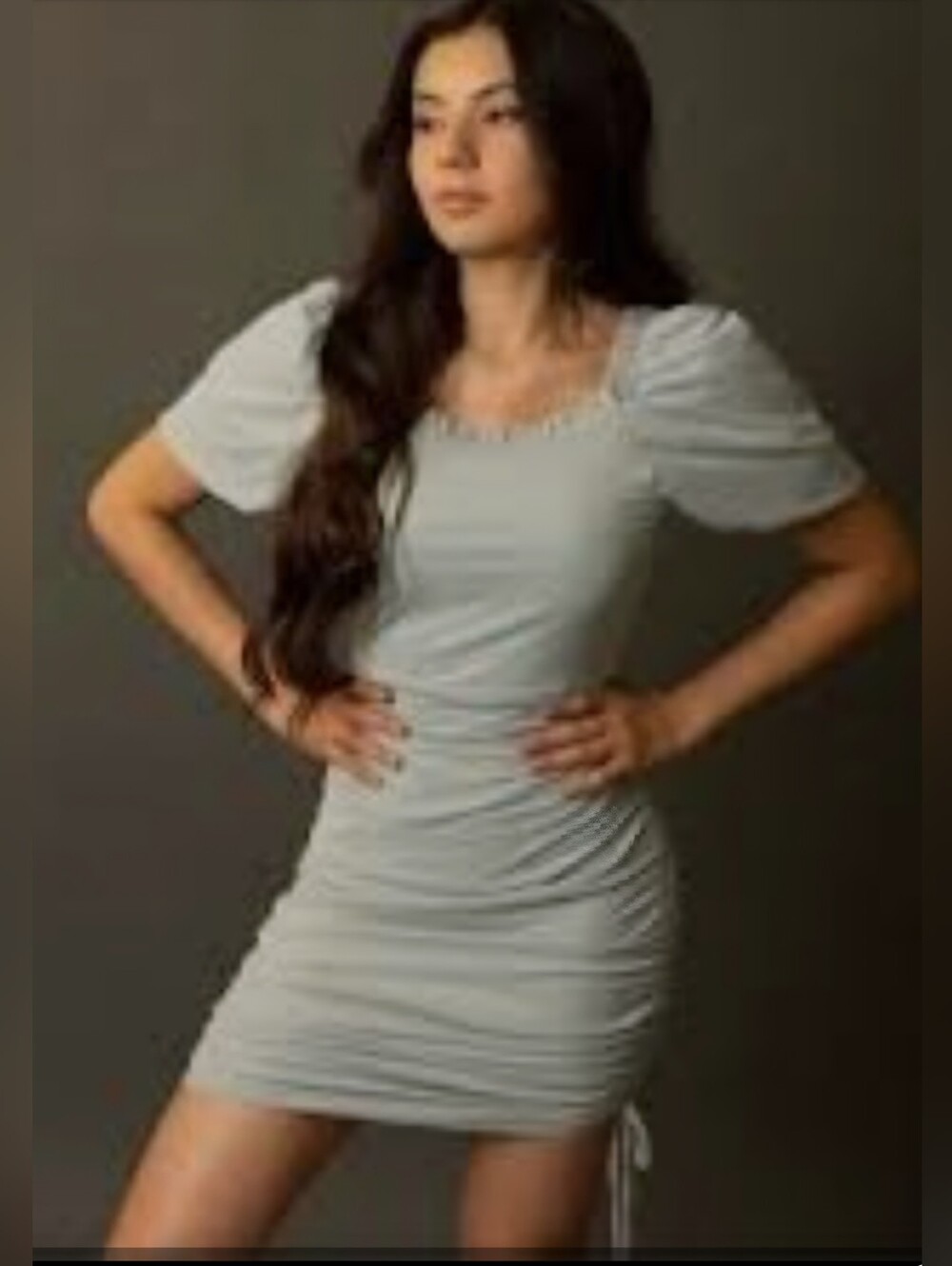 NWT Mia Joy by Joyfolie "Alyssa" Dress In Seaglass Ruched Sides Puff Sleeve
